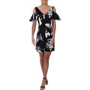 Lauren Ralph Lauren Black‎ White Floral Print Flutter Sleeve A-Line Dress Size 8